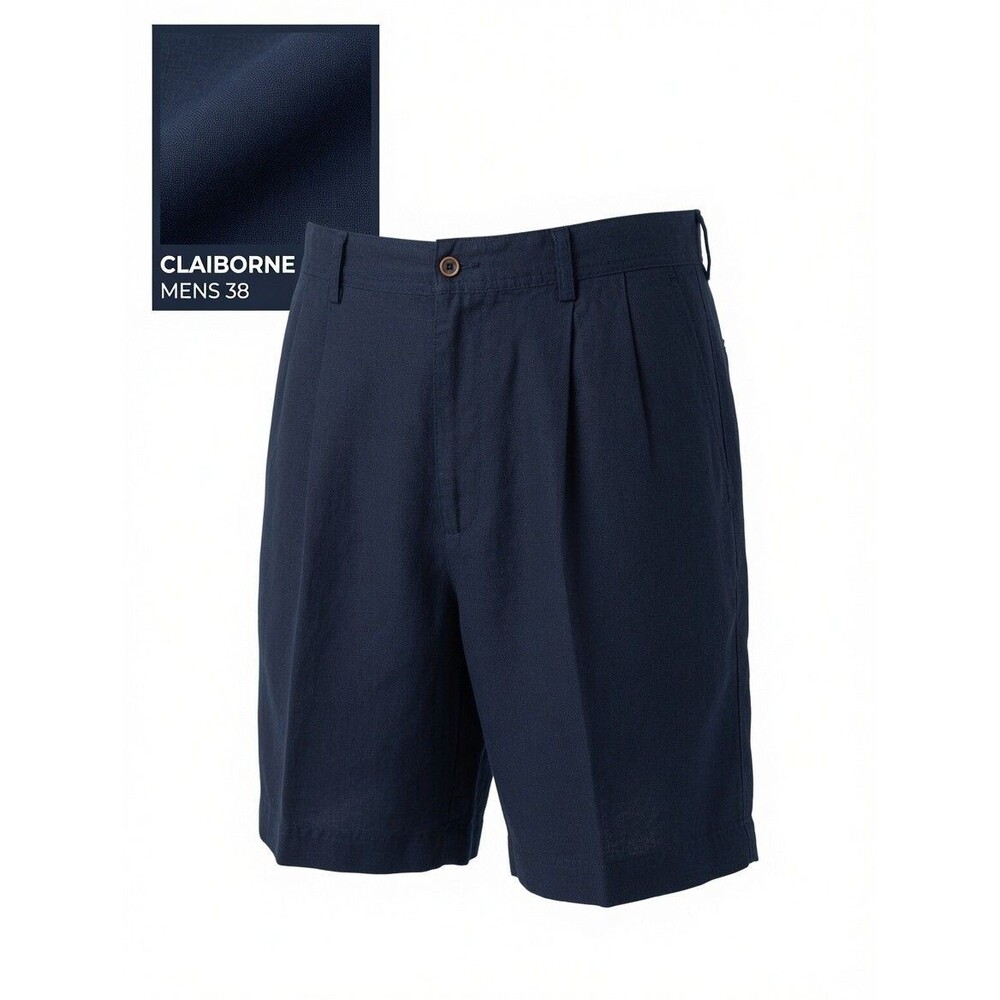 Vtg Claiborne Linen Blend Pleated Shorts Mens 38 Navy Blue Euro Preppy Old Money
